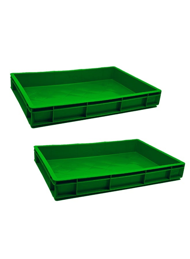 2pcs of Plastic Storage Crate 600x400x80mm Stackable Food Grade Catering Crate, Heavy Duty - Green